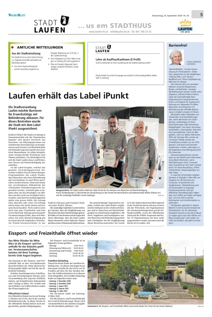 Artikel und Foto mit Pascal Güntensperger von Impulse und Walter Ziltener (Stadtverwalter) und Carole Seeberger (Stadträtin). 