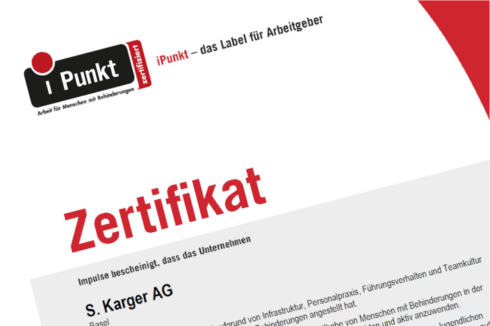 Leicht abgedrehter Bildausschnitt des iPunkt-Zertifikats der S. Karger AG mit neuem Label