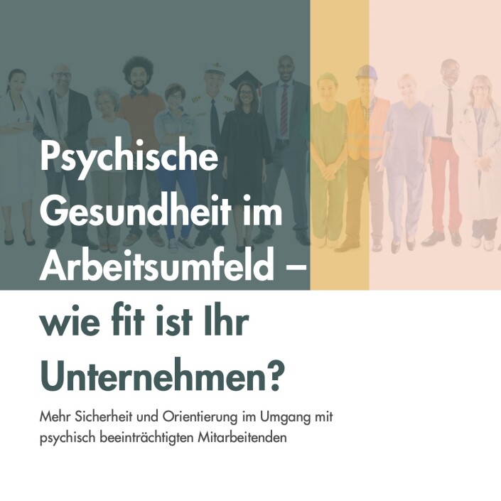 Titelbild des Leitfadens mit der Aufschrift: Psychische Gesundheit im Arbeitsumfeld – wie fit ist Ihr Unternehmen?
