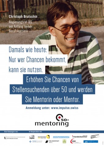 Das Foto eines der Plakate. Darauf ist der Basler Regierungsrat Christoph Brutschin am Anfang seiner Berufskarriere zu sehen.